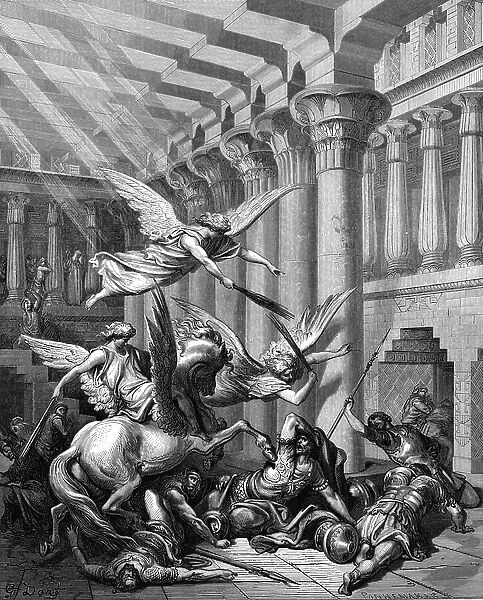 Heliodorus, attempting to take treasure from Temple at Jerusalem, is attacked by terrible horse and his rider, while angels attack his bodyguard. 2 Maccabees 3. Plate from Gustave Dore's Bible 1865-1866. Anger of God. Wood engraving