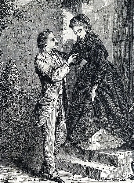 Helping lady down steps, 1870