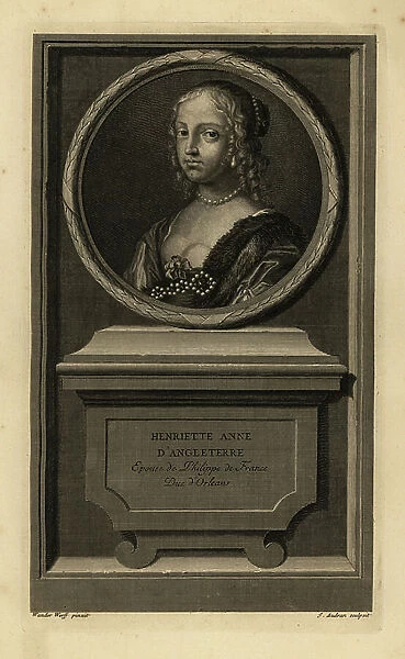 Henrietta of England, wife of Philippe I, Duke of Orleans. Henriette Anne d'Angleterre, epouse de Philippe de France, Duc d'Orleans. In dress with fur trim and pearl necklace
