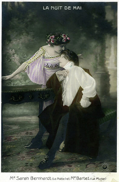 Henriette Rosine Bernard aka Sarah Bernhardt (1844-1923) (the poet) and Madame Bartet (the muse), in a scene of the play 'The Night of May' by Alfred de Musset, postcard (photo)