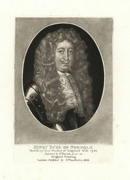 Henry Howard, 7th Duke of Norfolk, hereditary Earl Marshal of England, died 1701. Copperplate mezzotint by Charles Turner after an original painting from Samuel Woodburn's Portraits of Characters Illustrious in British History, London, 1810