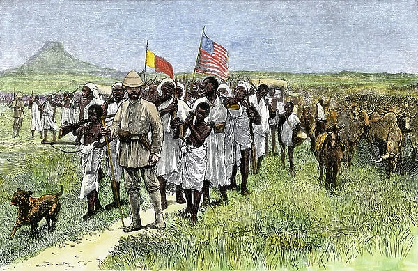 Henry Morton Stanley (1841-1904) leading an African exploration expedition, circa 1870. Walking in the savannah towards Muta Nzege, near Mount Rwenzori (between Uganda and the Republic of Congo), in the background, Mount Gordon Bennett