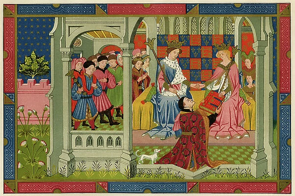 Henry VI (1421-1471) King of England and his wife Margaret of Anjou (1430-1482), receiving a book by John Talbot (circa 1384-1453) Earl of Shrewsbury - Henry VI and his queen, Margaret of Anjou, receive a book from John Talbot, Earl of Shrewsbury