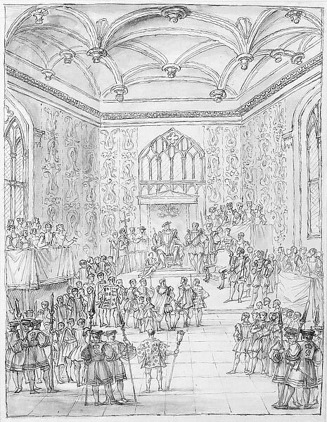 Henry VIII receiving Montmorency, the French Ambassador, at Hampton Court (engraving)