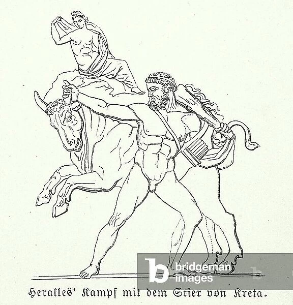 Heracles capturing the Cretan Bull (engraving)