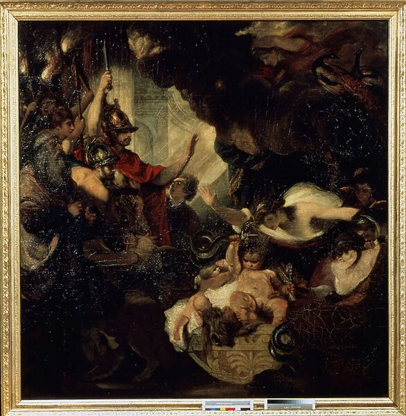 Hercule enfant etranglant les serpents (The Infant Hercules strangling the Serpents) Parmi les personnages representes : le devin Tiresias (a gauche) et la deesse Junon (Hera) avec des paons (en haut a droite)