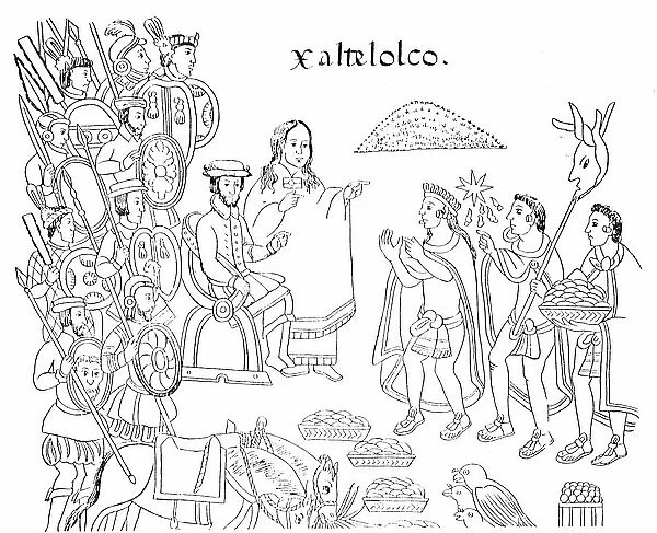 Hernandez Cortes or Cortez (1485-1547) Spanish conquistador who conquered Mexico, in Xaltelolco, and beside him is La Malinche his native mistress who acted as interpreter. 16th century (engraving from the codex History of Tlaxcala')