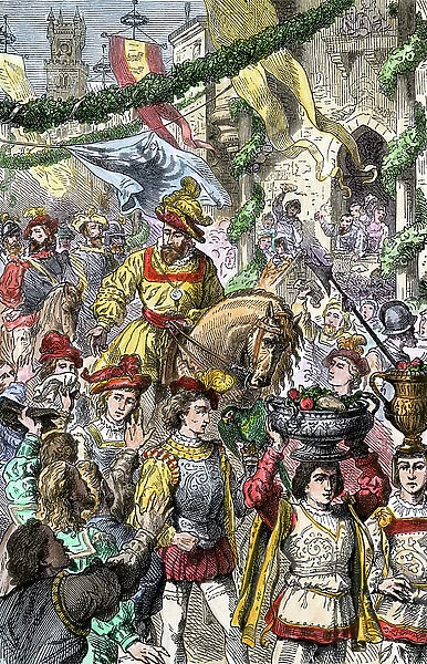 Hernando Cortes (Hernan Cortez, 1485-1547) returned to Toledo, Spain and a fete was organized in his honour for the conquest of Mexico and the Azteques, 1520. Coloured engraving of the 19th century