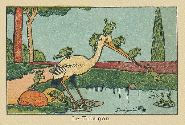 A heron's beak acts as a slide for frogs diving into the pond. ' The Tobogan', 1936 (illustration)