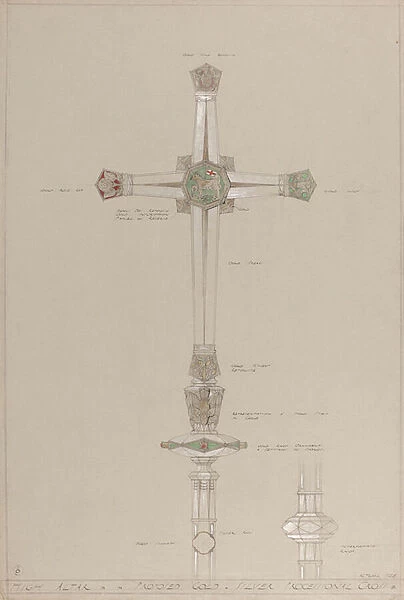 High Altar: proposed gold and silver processional cross, actual size (pencil, ink, brush