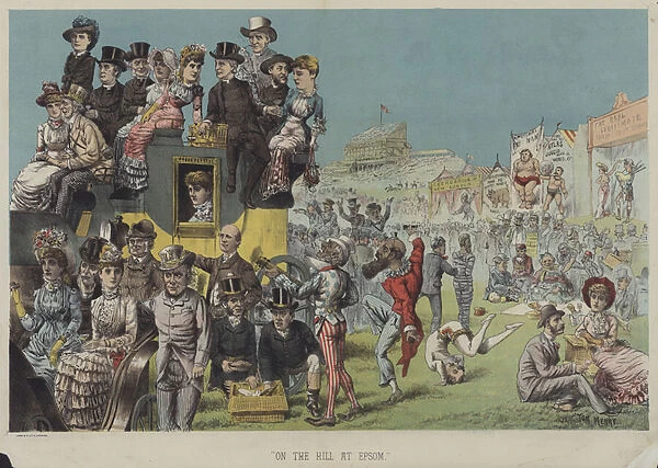 On the Hill at Epsom, satire on a day at the races (colour litho)