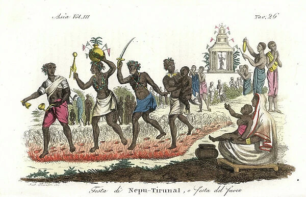Hindu devotees firewalking in the Nepu Tirunal or Thimithi festival in honor of the goddess Draupadi. Handcoloured copperplate drawn and engraved by Andrea Bernieri from Giulio Ferrario's Ancient and Modern Costumes of all the Peoples of the World