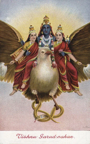The Hindu god Vishnu, riding on his vehicle Garuda (colour litho)