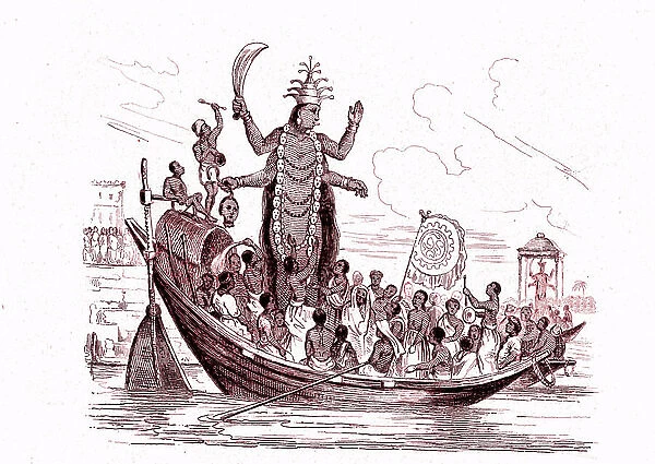 Hinduism: Procession on Water of the Goddess KALI, India. Engraving of James COOK's Voyages, 1884