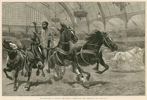 The Hippodrome at Olympia, the National Agricultural Hall, Kensington, London: The Chariot Race (engraving)