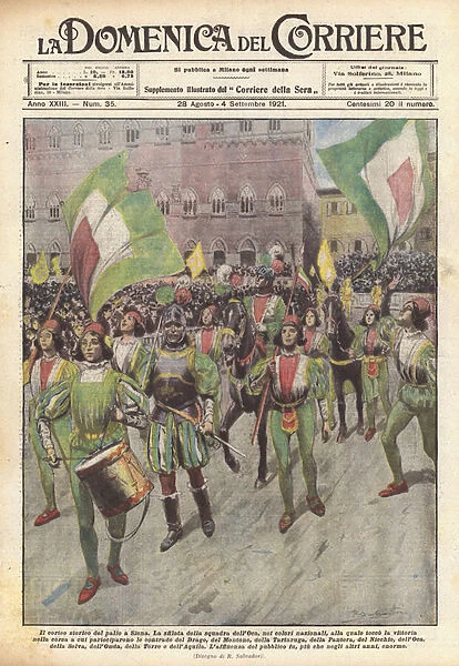 The historical procession of the Palio in Siena (colour litho)