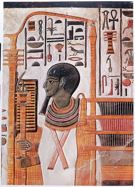 History. Ancient Egypt. Ptah, deification of the primordial mound in the Ennead cosmogony. Fresco in the tomb of Nefertari in the Valley of the Kings, Ancient Egypt. (fresco)
