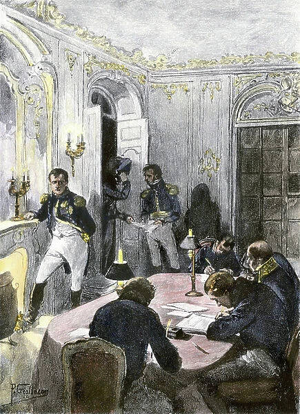 History of the emperors: Napoleon I Bonaparte (1769-1821) dictating to his secretaries. Colour engraving of the 19th century