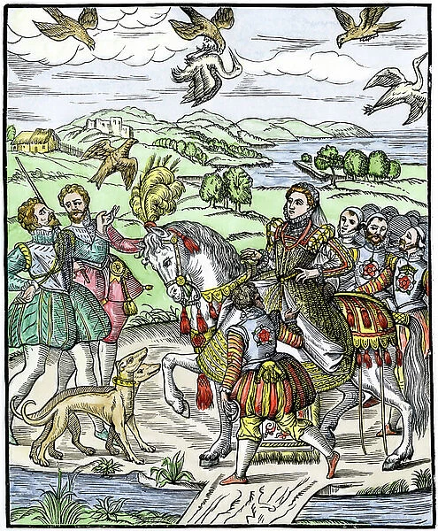 History of kings. Queen Elizabeth Iere of England (Elizabeth I, 1533-1603) during a falcon hunt, 1575