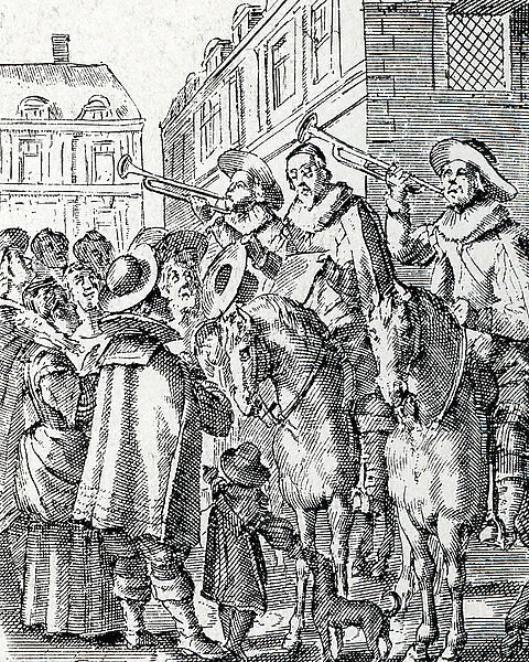 History of the police under Louis XIII, 1610-1620: heralds calling witnesses after a crime, France. End of the 19th century (engraving from 'Museum-criminal' by Henri Varennes and Edgar Troimaux)