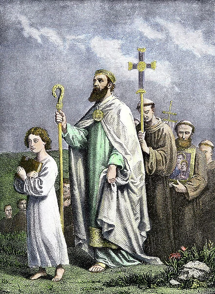 History of Religions: St. Patrick on a trip to Tara to convert the Irish, 5th century. Colour engraving of the 19th century
