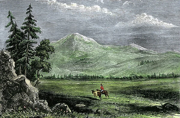 History of the West Conquete settlers: American pioneers. Pioneer with a horse reached in the rocky mountains, United States. Colourful engraving of the 19th century