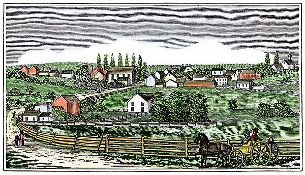Hitch incoming to New Germantown, New Jersey (USA), par la route du nord, 1840 - Colour engraving 19th century - Horse-drawn wagon entering New Germantown, New Jersey, from the north 1840s - Hand-colored woodcut of a 19th-century illustration