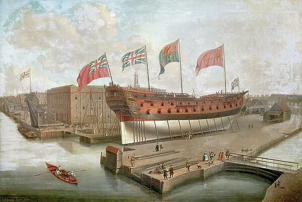 The HMS Buckingham on the docks in front of the main warehouse of the Royal Shipyards in Deptford (England)