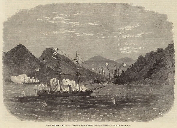 HMS Osprey and HMS Opossum destroying Chinese Pirate Junks in Sama Bay (engraving)