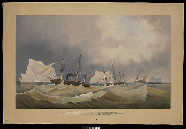 H.M.S. Phoenix with Her Consorts, The Diligence and Breadalbane, Among the Icebergs, 19th century (lithograph, coloured)