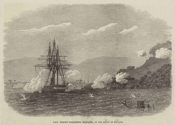 HMS Rinaldo bombarding Salangore, in the Strait of Malacca (engraving)