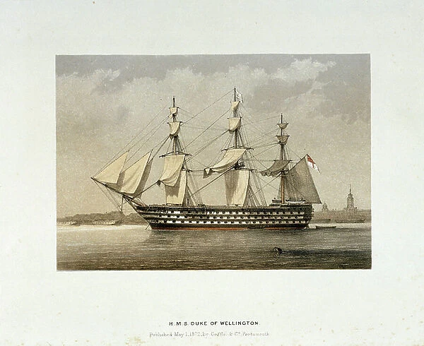 The HMS ship Duke of Wellington (1852), a first-class warship. Color lithograph, May 1, 1872, published by Griffin & Co