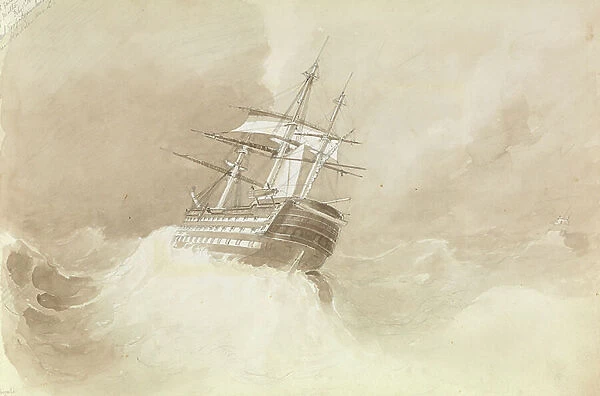 HMS Trafalgar losing her rudder-head in a north-easterly gale off Malta, 1852 (pen, ink, wash, watercolour)