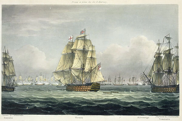 HMS Victory sailing for the French line flanked by the Euryalus