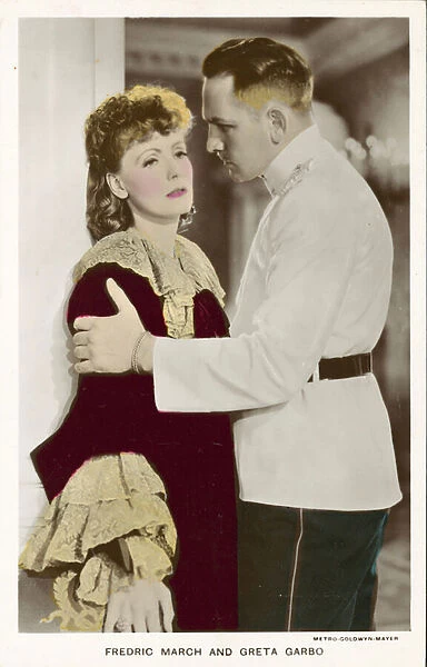 Hollywood film stars, Frederic March and Greta Garbo (coloured photo)