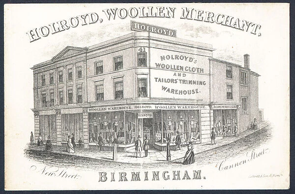 Holroyd, woollen merchant, trade card (engraving)