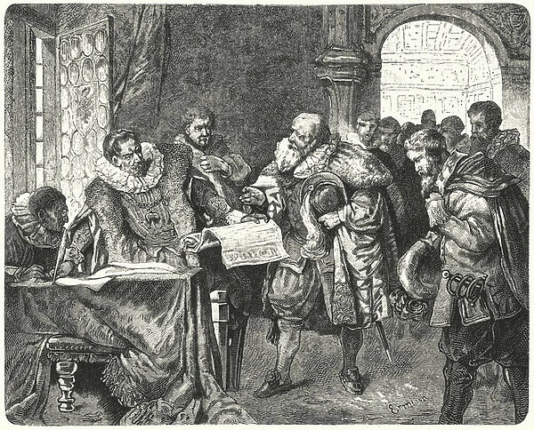 The Holy Roman Emperor Rudolf II granting Bohemian Protestants greater religious freedom in his Letter of Majesty, 1609 (engraving)