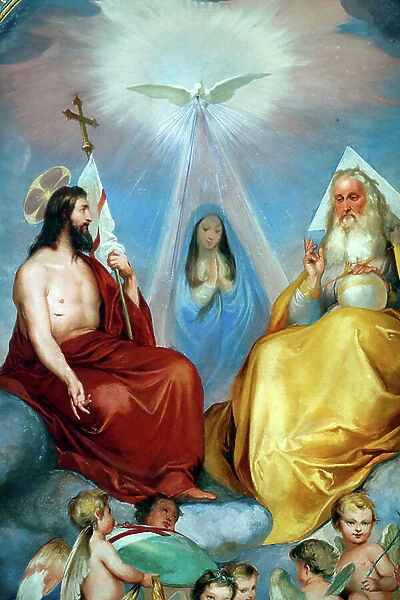Holy Spirit, Jesus, Virgin Mary and God. Trinity. Fresco. Saint Catarina church ( Chiesa di Santa Caterina ). Varazze. Italy
