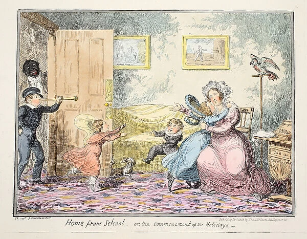 Home from School or the Commencement of the Holidays pub. 1835 (hand coloured engraving)