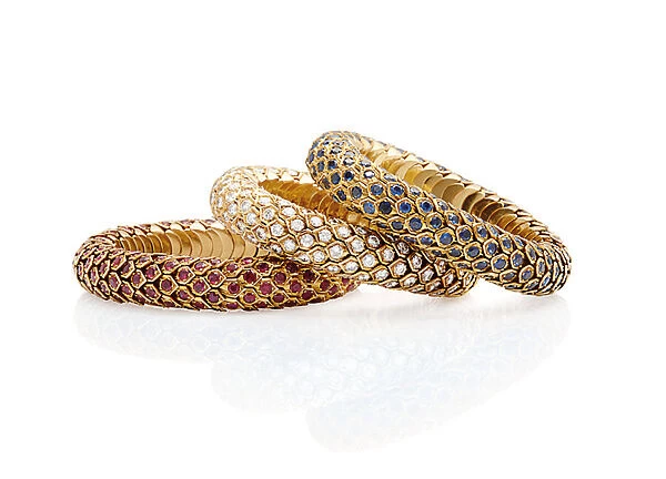 Three Honeycomb bracelets, 1950s (rubies, sapphires, diamonds & gold)