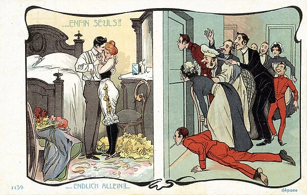 Honeymoon, with hotel staff looking through the keyhole (colour litho)