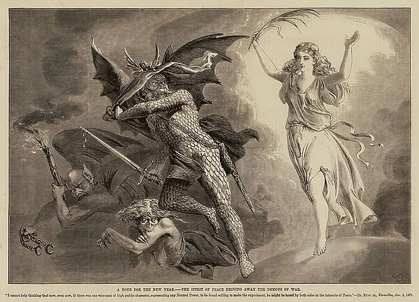A Hope for the New Year, the Spirit of Peace driving away the Demons of War (engraving)