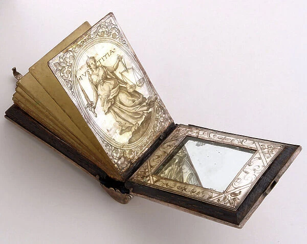 Horizontal sundial, open, with an allegorical representation of justice (IUSTITIA) and mirror, c.1575 (silver, leather and paper)