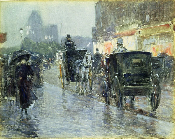Horse Drawn Cabs at Evening, New York, c. 1890 (w  /  c and gouache on paper)