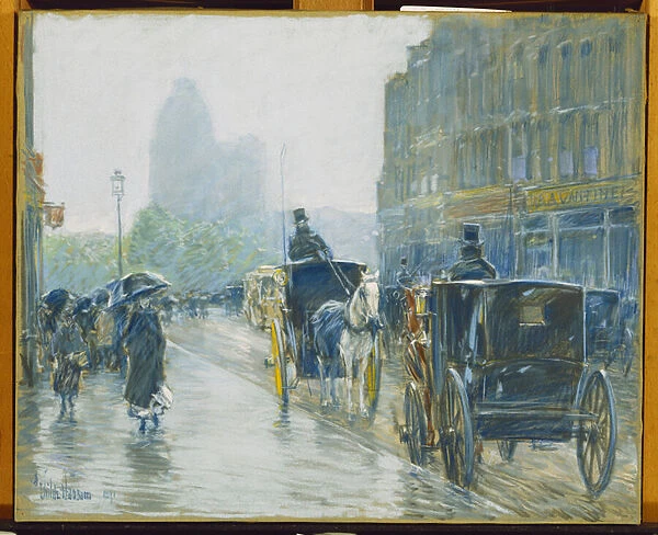 Horse Drawn Cabs, New York, 1891 (pastel on canvas)