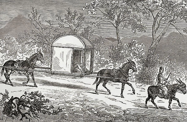 A Horse and Mule Palanquin used by the Chinese aristocracy in China in the 19th century, from the book From Paris to Pekin over Siberian Snows pub. 1889
