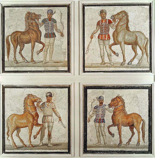 Four horse riders in their racing colours (mosaic)