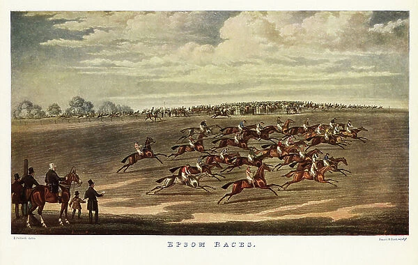 Horses and jockeys racing at Epsom racecourse, 1830s. And they're off! Group of thoroughbred horses galloping across a field. Color print after an engraving by Smarl & Hunt from an illustration by James Pollard in Ralph Nevill's Old Sporting Prints