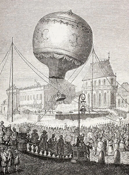 A hot air balloon ascends in Paris, France in the 18th century, from XVIII Siecle Institutions, Usages et Costumes, pub.Paris 1875