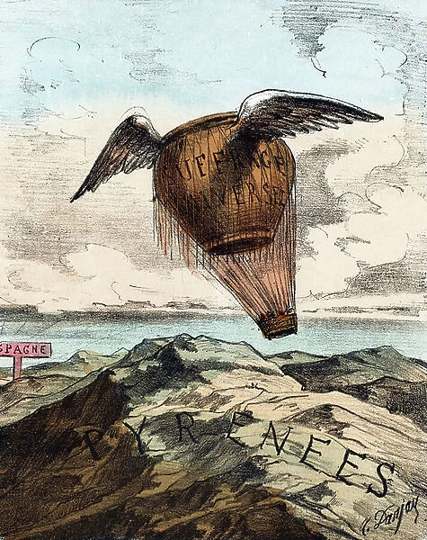 A hot air balloon labelled 'Suffrage Universel' with wings floating above the Pyrenees and headed toward a sign labelled 'Espagne'